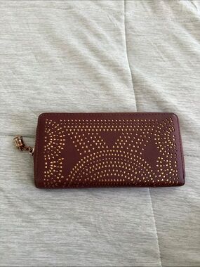 Women's Maroon Zip-Around Wallet with Gold Laser-Cut Design
